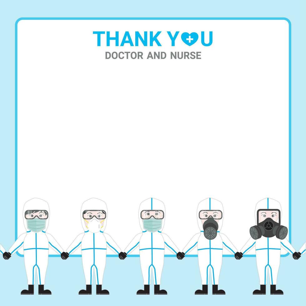 Blank text box. Asian group of doctor wear surgical mask medical full body virus protect vector