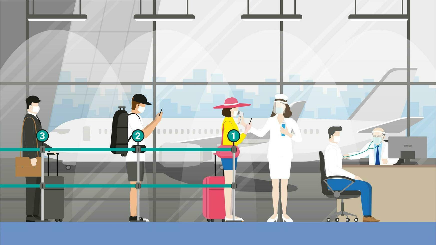 personas vistiendo máscara y social distanciamiento cola para aerolínea personal control a aeropuerto médico salud controlar. vector