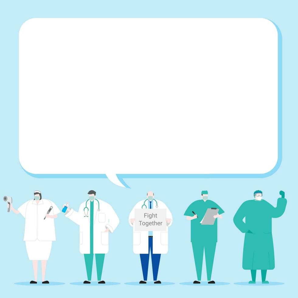 Blank text box. Asian medical group of doctor and nurse cheer up blank dialog. cartoon style protection vector