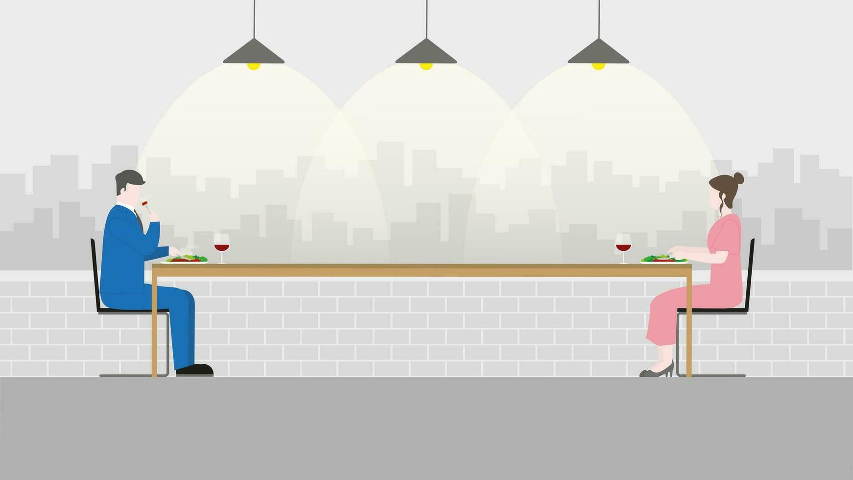 Couple eating dinner romantic dating in restaurant. Flat and minimal style. vector
