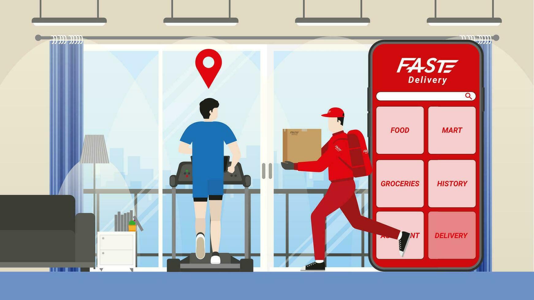 Online shopping and fast delivery concept. Delivery man vector