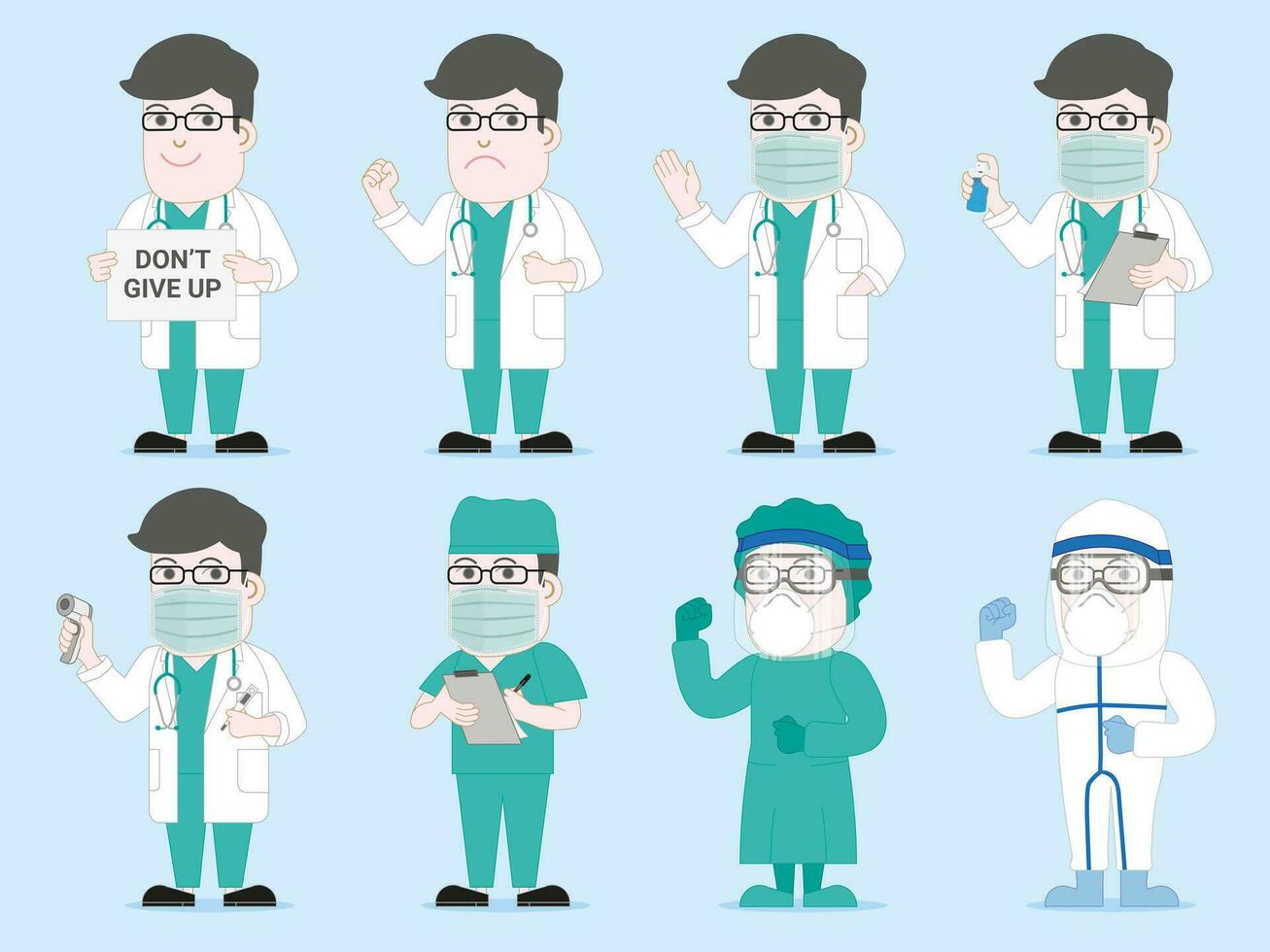 Asian doctor set with medical uniform personal protective equipment cartoon style character design vector