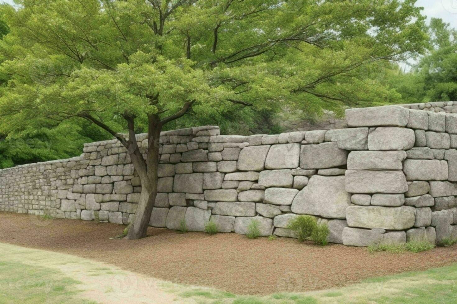 Stone rock wall with a tree background. AI Generative Pro Photo