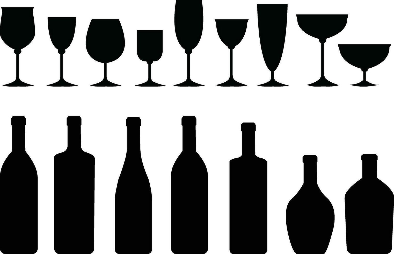 ine glasses icons set simple symbol of bar, restaurant. isolated on transparent background. Various wine glass flat vector black silhouette collection for mobile concept and web design.