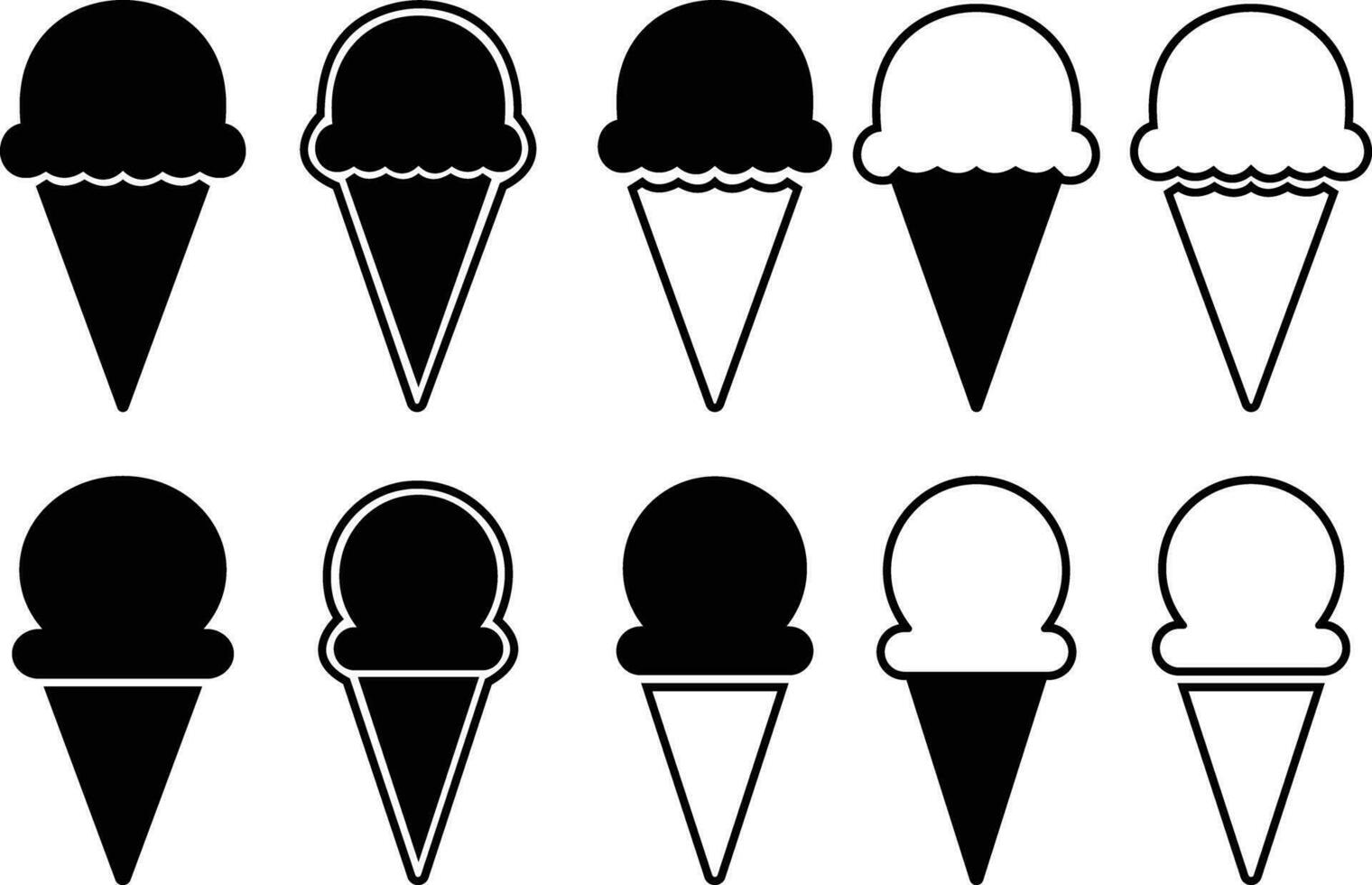 Ice cream cone icon set . Modern sweet vanilla desert sign. Trendy black vector chocolate cram symbol collection for web site design, button to mobile app. Logotype.