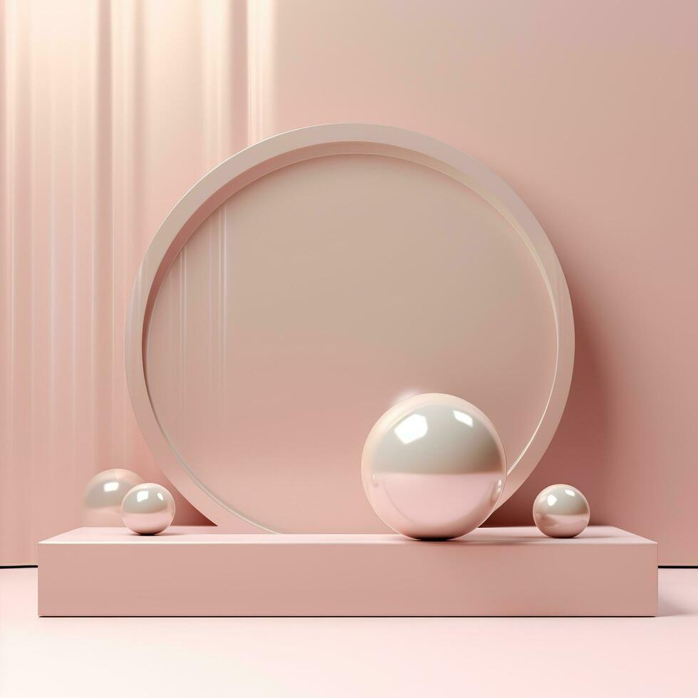 Empty minimalistic glossy scene with pearls. Pink, beige, neutral color podium for goods and items. Generative AI photo