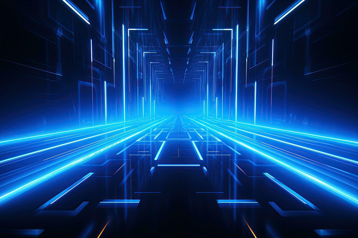 Abstract neon blue background, cyber space, parallel universe, lines, stripes, glow. AI generated photo