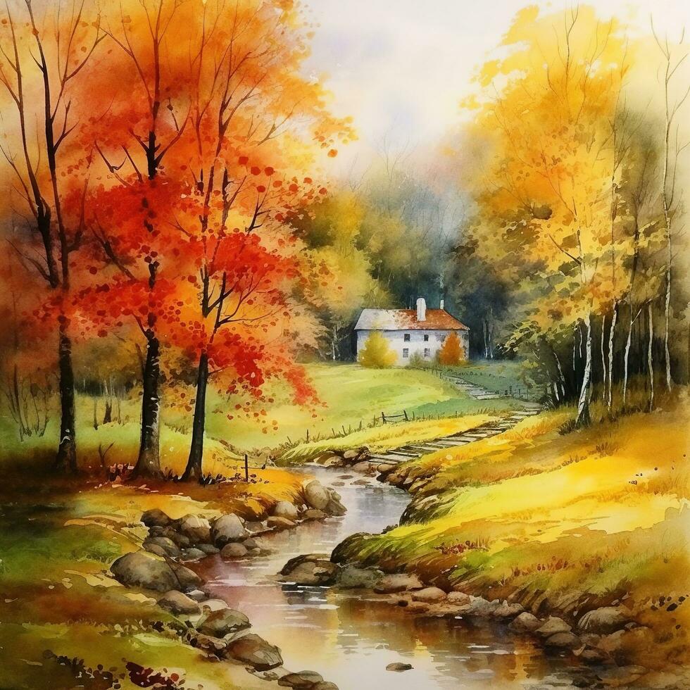 Watercolor autumn landscape, watercolor painting, leaf fall. Generative AI photo