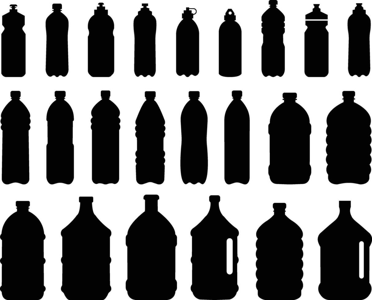 Plastic bottle black icon set. Vector flat style sign  Container water bottle for sport. Natural and healthy lifestyle concept water bottled container liquid