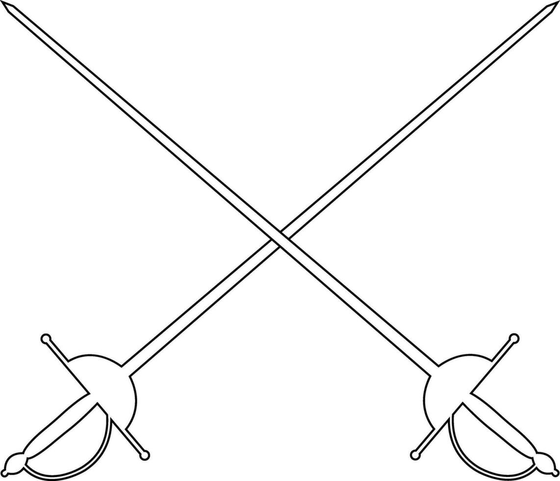 fencing sports logo solid design. Crossed rapiers swords or fencing duel line vector isolated on Trendy style black icon for games and websites.