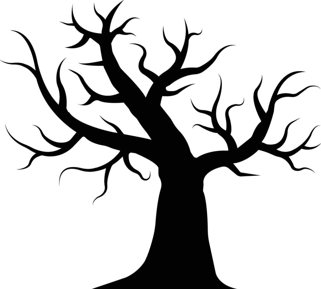 Víspera de Todos los Santos de miedo árbol plano icono negro. silueta de un muerto árbol vector . invierno seco árbol con desnudo ramas sin hojas terrible noche en el cementerio