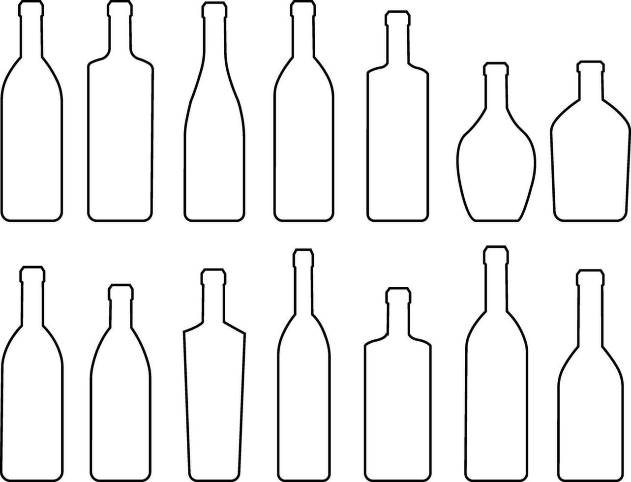 Wine beer black outline bottles icon set. Bar, pub, brew line symbol. Alcohol, drinks shop store, menu item vector silhouette collection isolated on. Cool and refreshing element