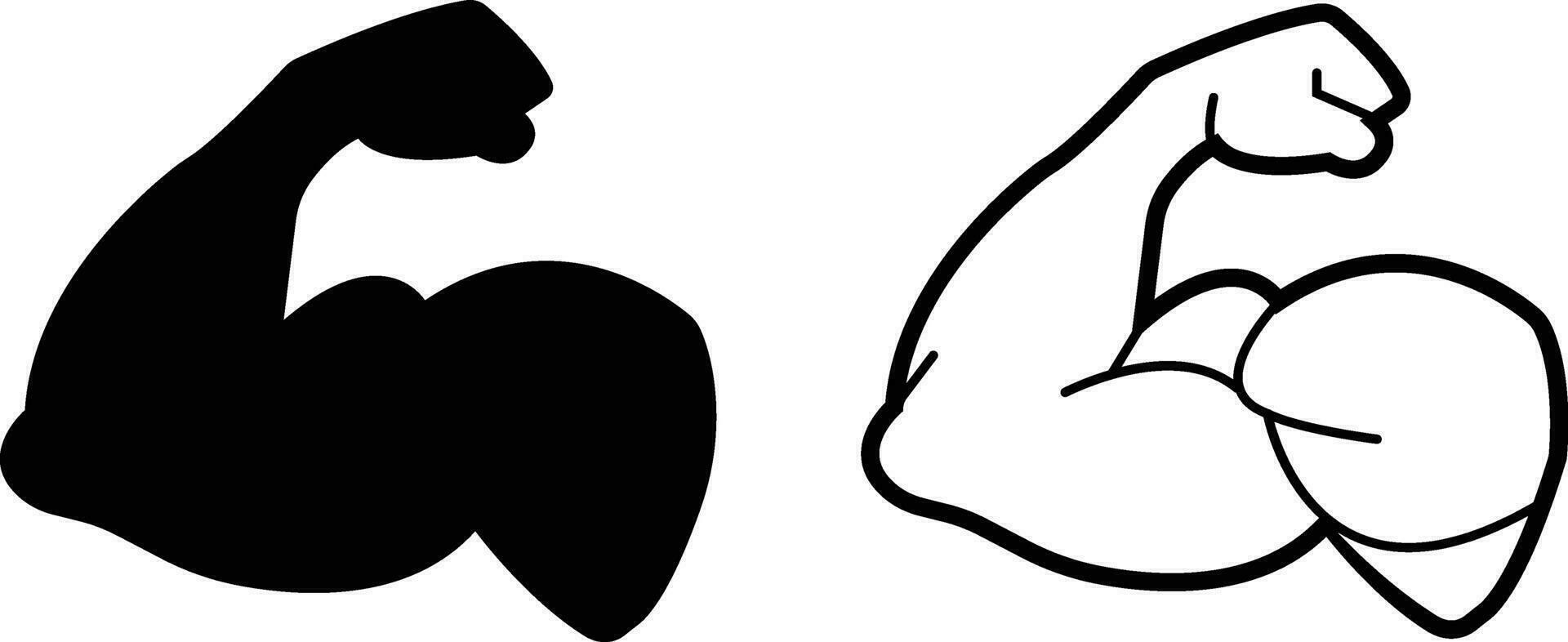 Arm muscle flex strong emoji line or flat black icon set . Bodybuilder vector collection macho biceps gym flexing doodle hand . Power strength weightlifting symbol.