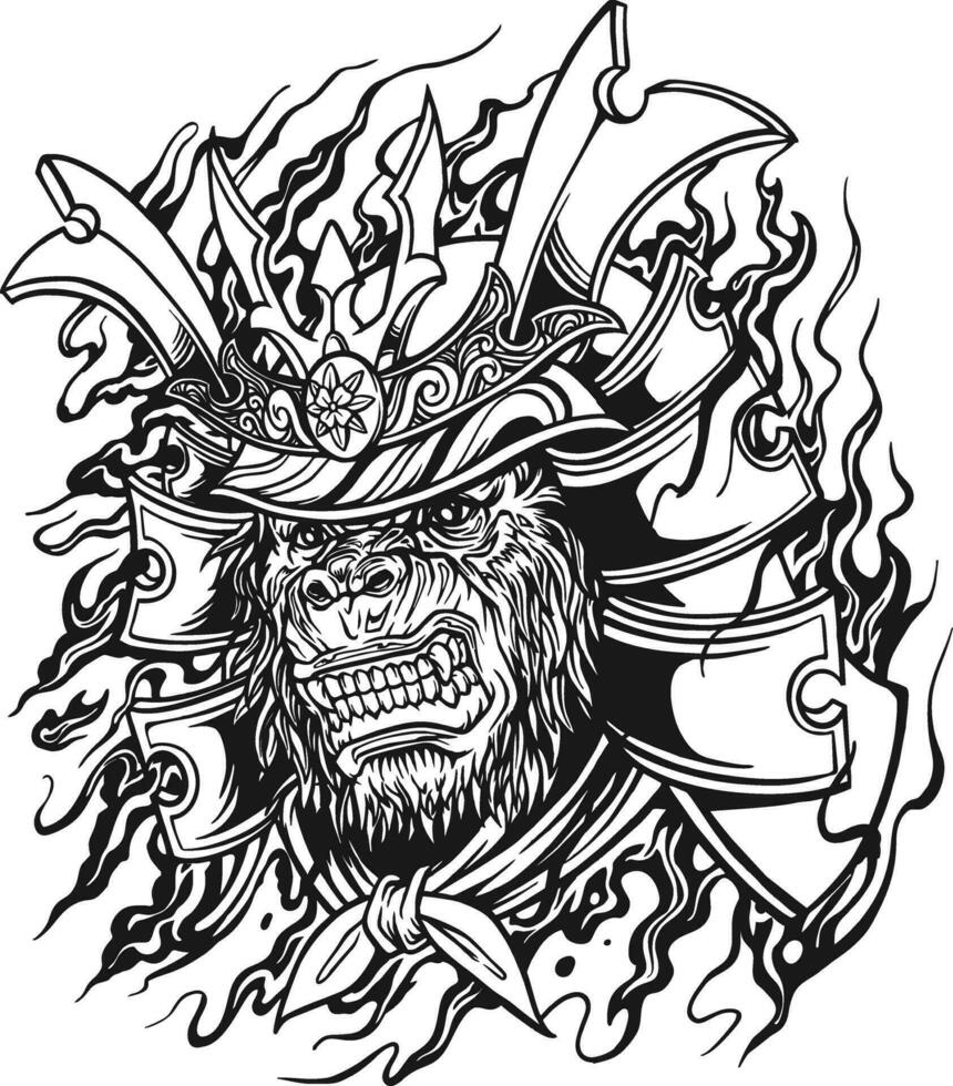Gorilla ronin terrifying samurai warrior outline vector illustrations for your work logo, merchandise t-shirt, stickers and label designs, poster, greeting cards advertising business company