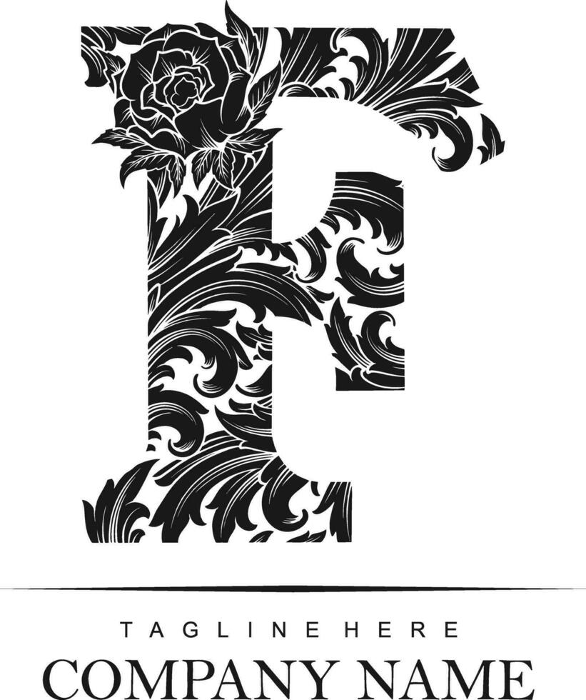 Flourish elegant classic F monogram logo monochrome vector illustrations for your work logo, merchandise t-shirt, stickers and label designs, poster, greeting cards advertising business company