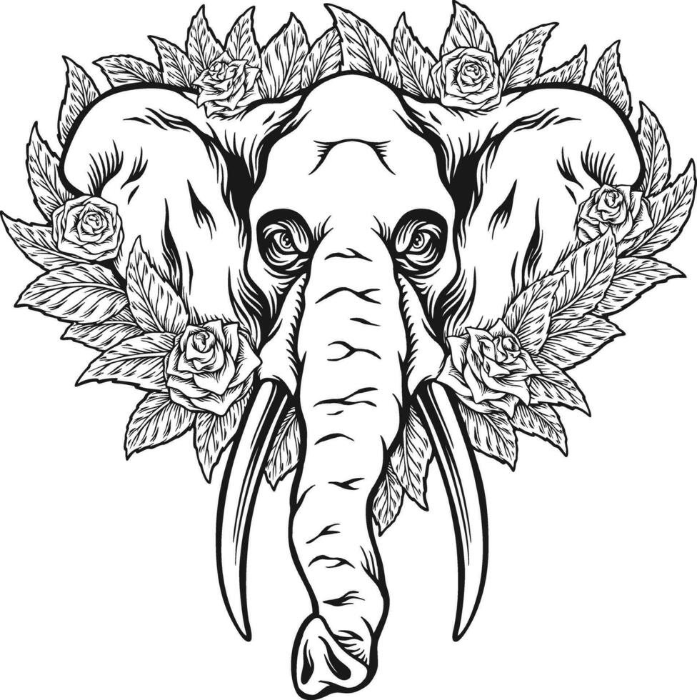 Eternal muerte elephant floral monochrome vector illustrations for your work logo, merchandise t-shirt, stickers and label designs, poster, greeting cards advertising business company or brands.