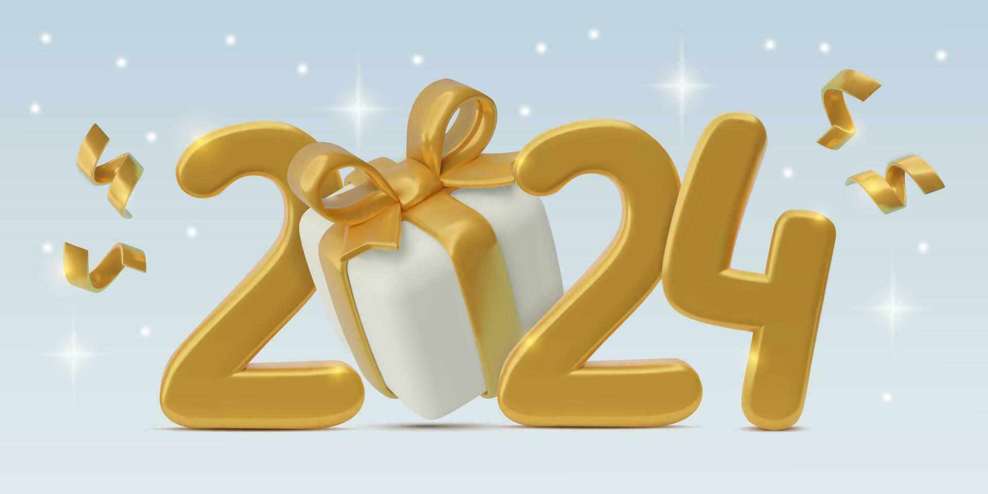 2024 year 3d realistic gold numbers with a gift box confetti and sparkling stars. Minimal three dimensional New Year holiday banner design on light background with snowing. Vector Illustration.