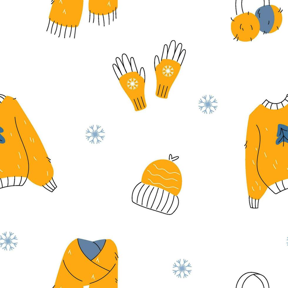 Winter seamless pattern with warm clothes and snowflakes. Doodle hand drawn style knitted sweater, scarf, hat and gloves. vector