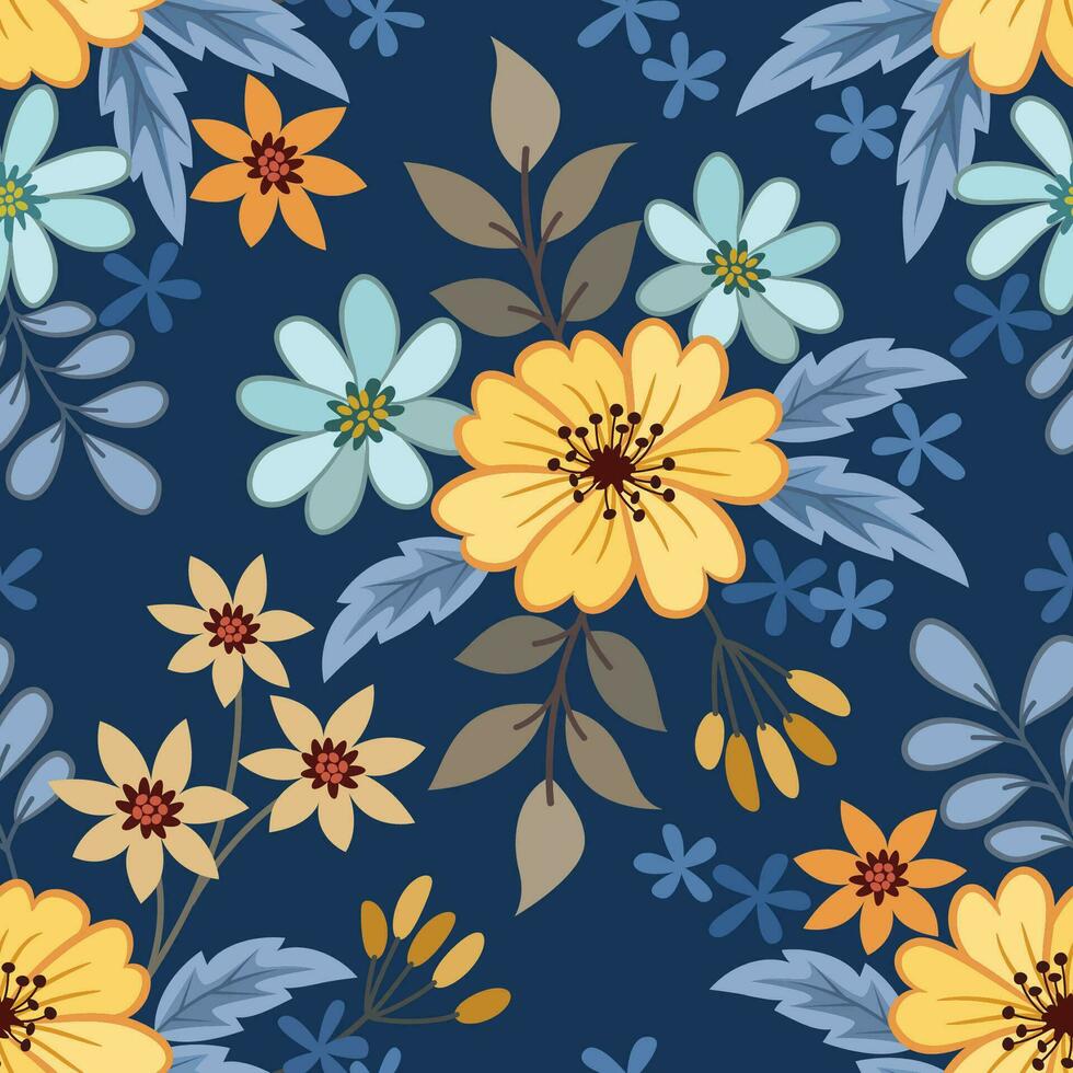 Yellow and blue flowers color on dark blue background seamless pattern. vector