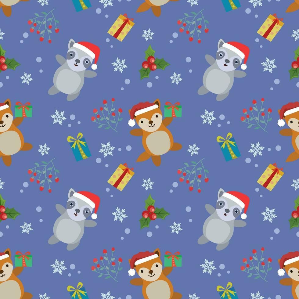 Cute raccoon and fox on Christmas element background. vector