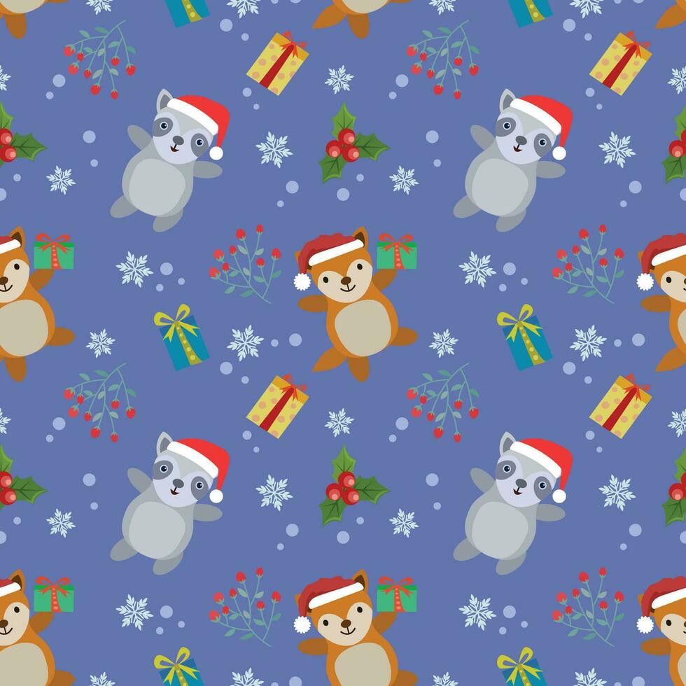 Cute raccoon and fox on Christmas element background. vector