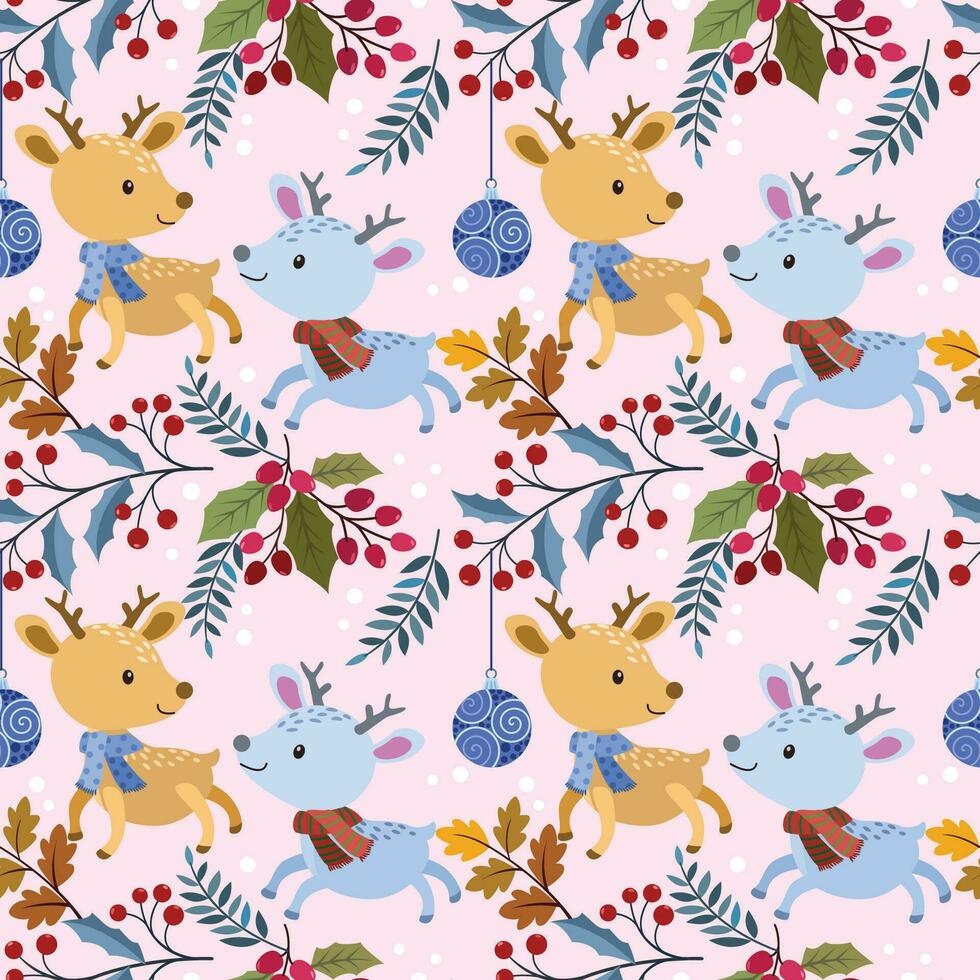 Cute reindeer run in Christmas plant with ball seamless pattern. vector