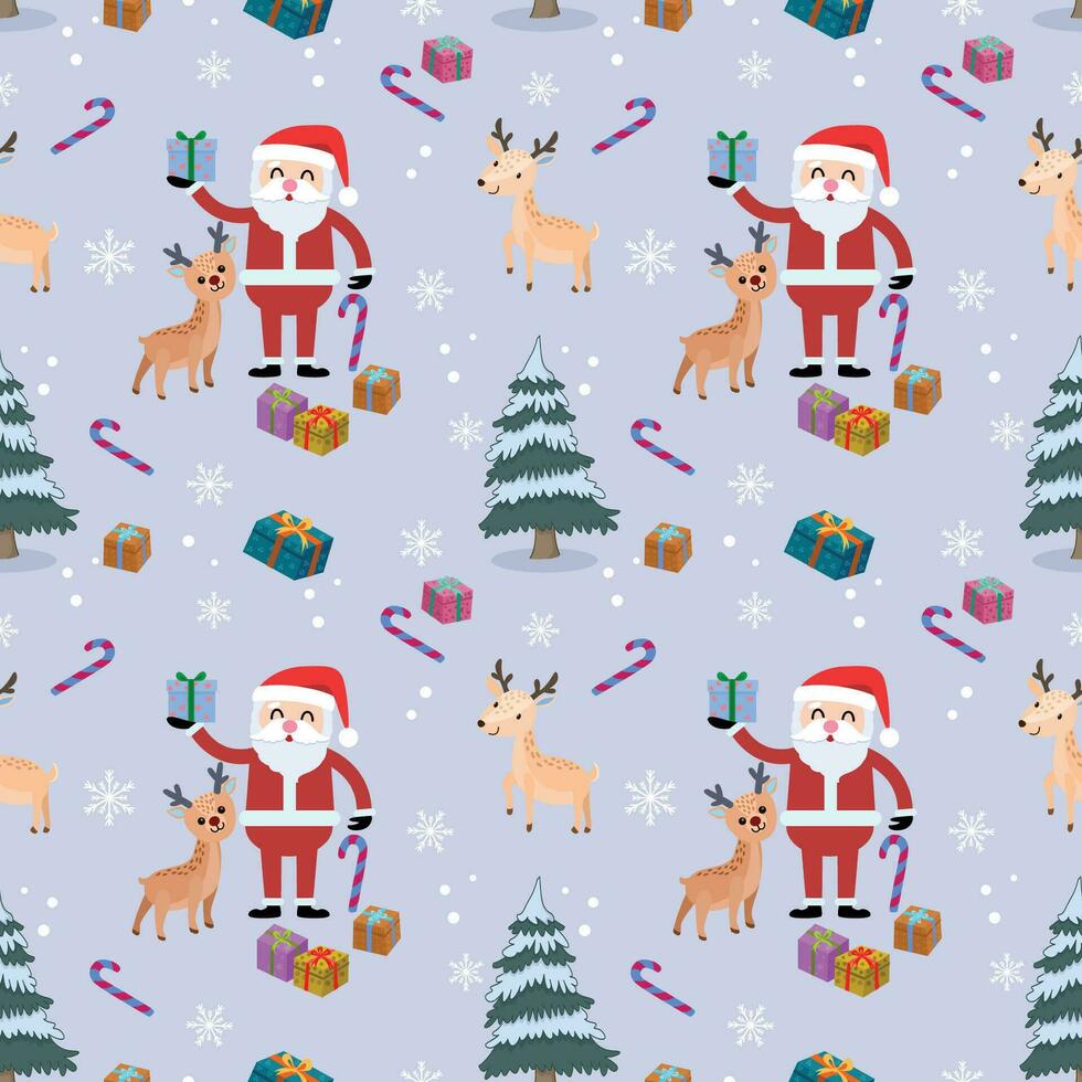 Cute Santa Claus with deer Christmas tree and gift seamless pattern. vector