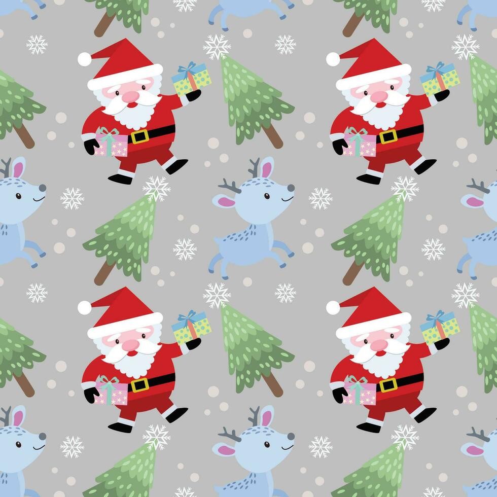 Cute Santa Claus with deer Christmas tree and gift seamless pattern. vector