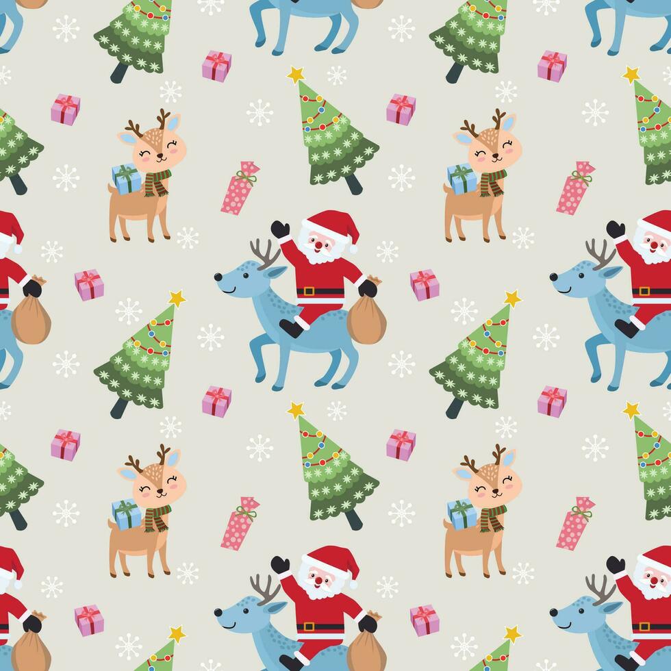Cute Santa Claus with deer Christmas tree and gift seamless pattern. vector