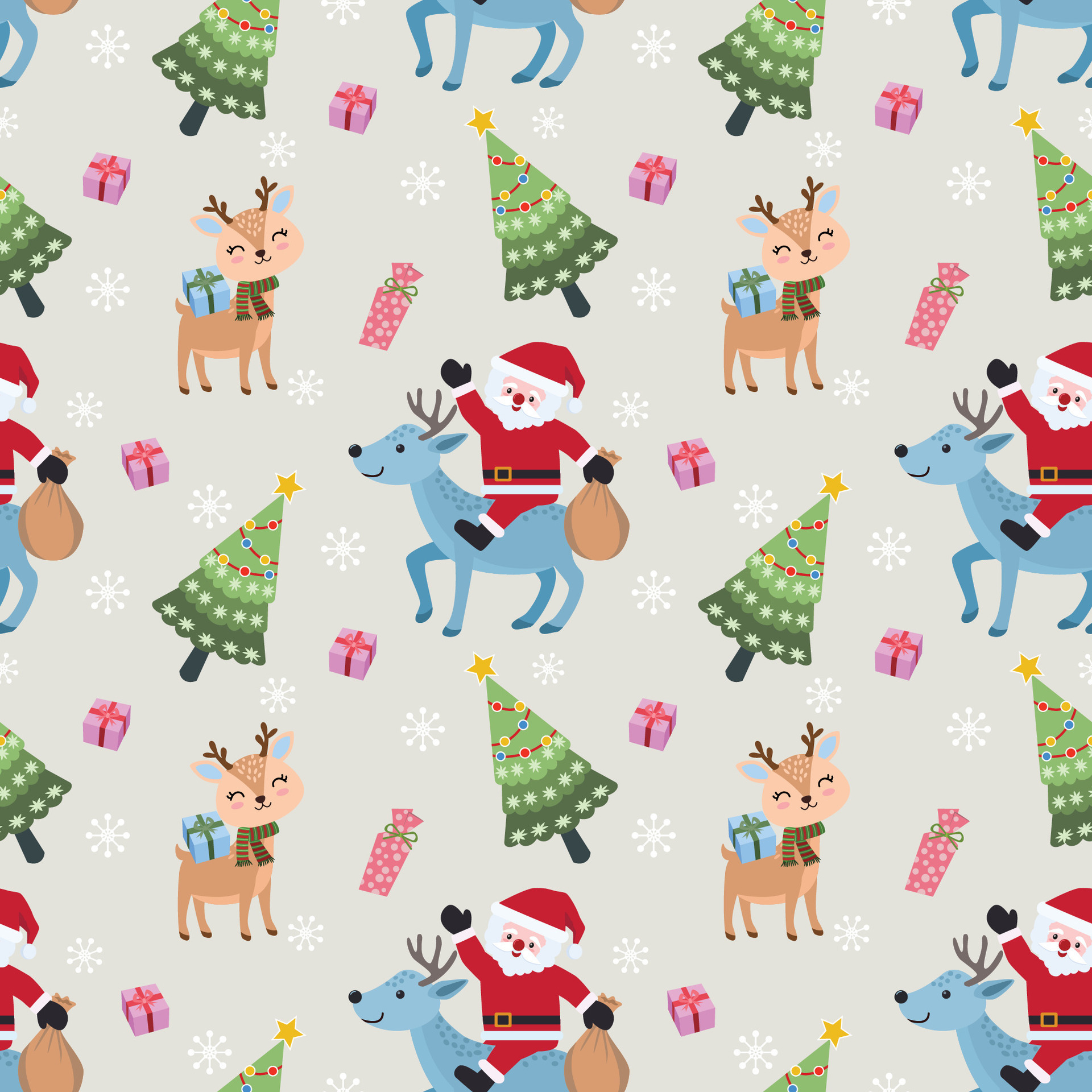 Cute Santa Claus with deer Christmas tree and gift seamless pattern ...