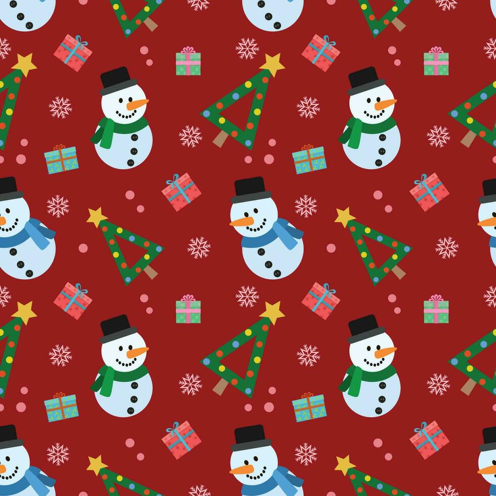 Cute snowman with Christmas tree and gift seamless pattern. vector