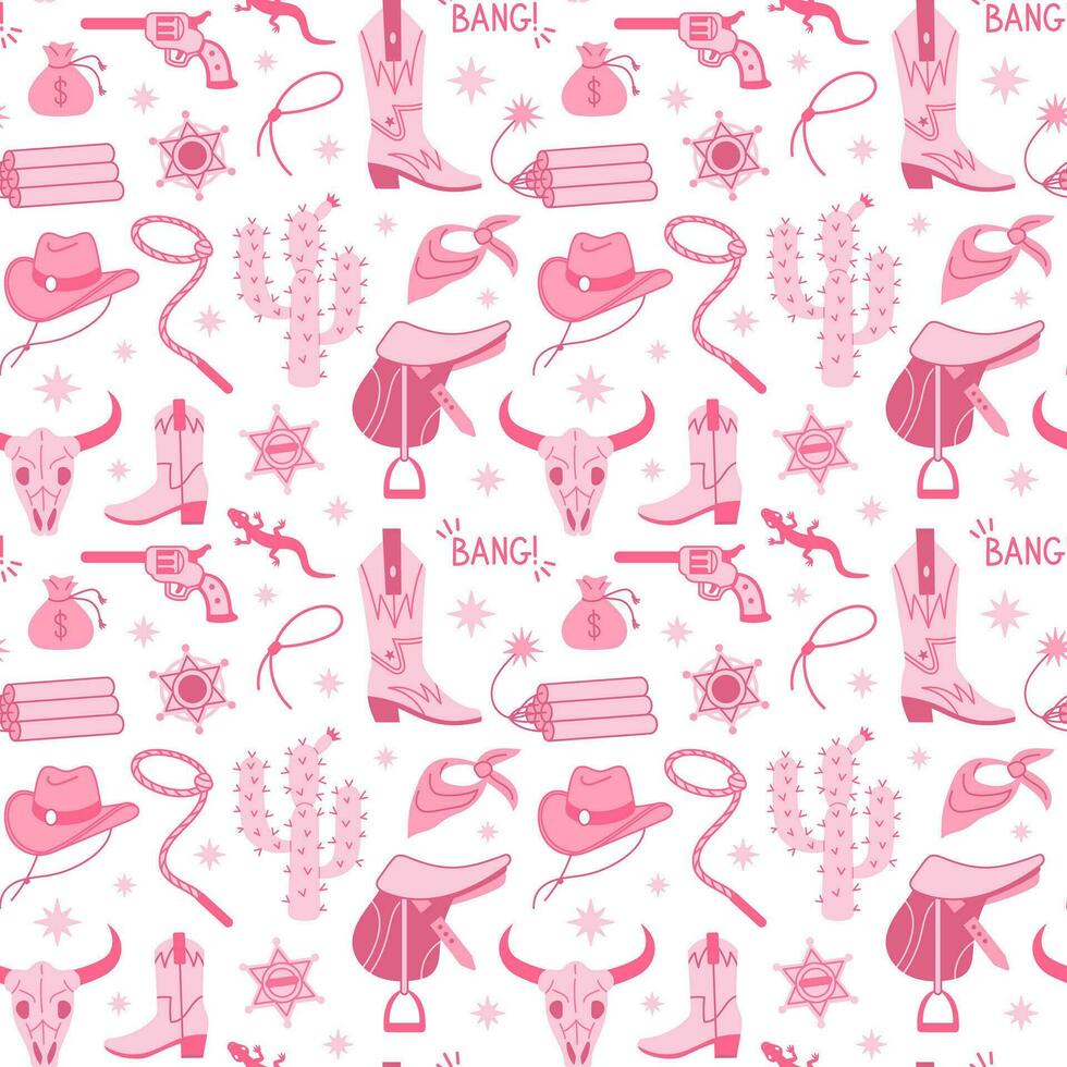 Cowboy Pink core fashion seamless pattern. Cowboy western and wild west theme texture. Hand drawn vector illustration.