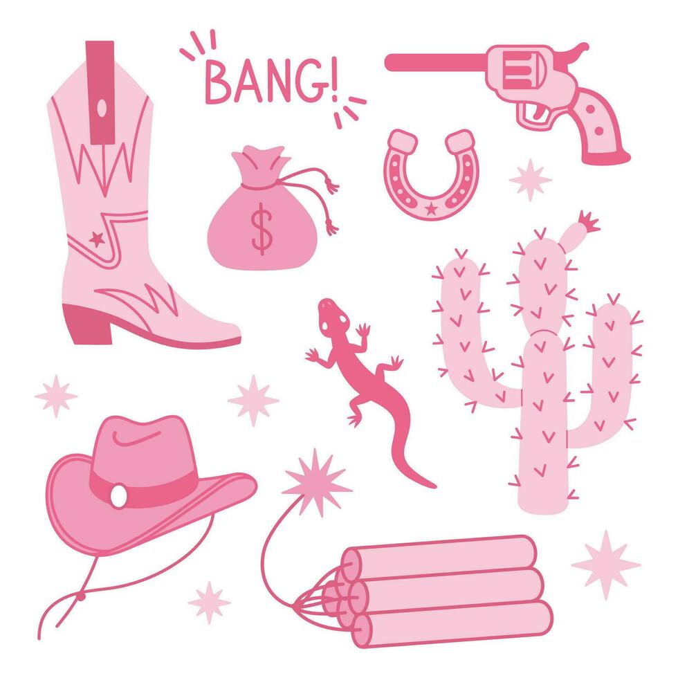 Cowgirl Pink core fashion elements collection. Cowboy western and wild west theme set. Hand drawn vector illustration.