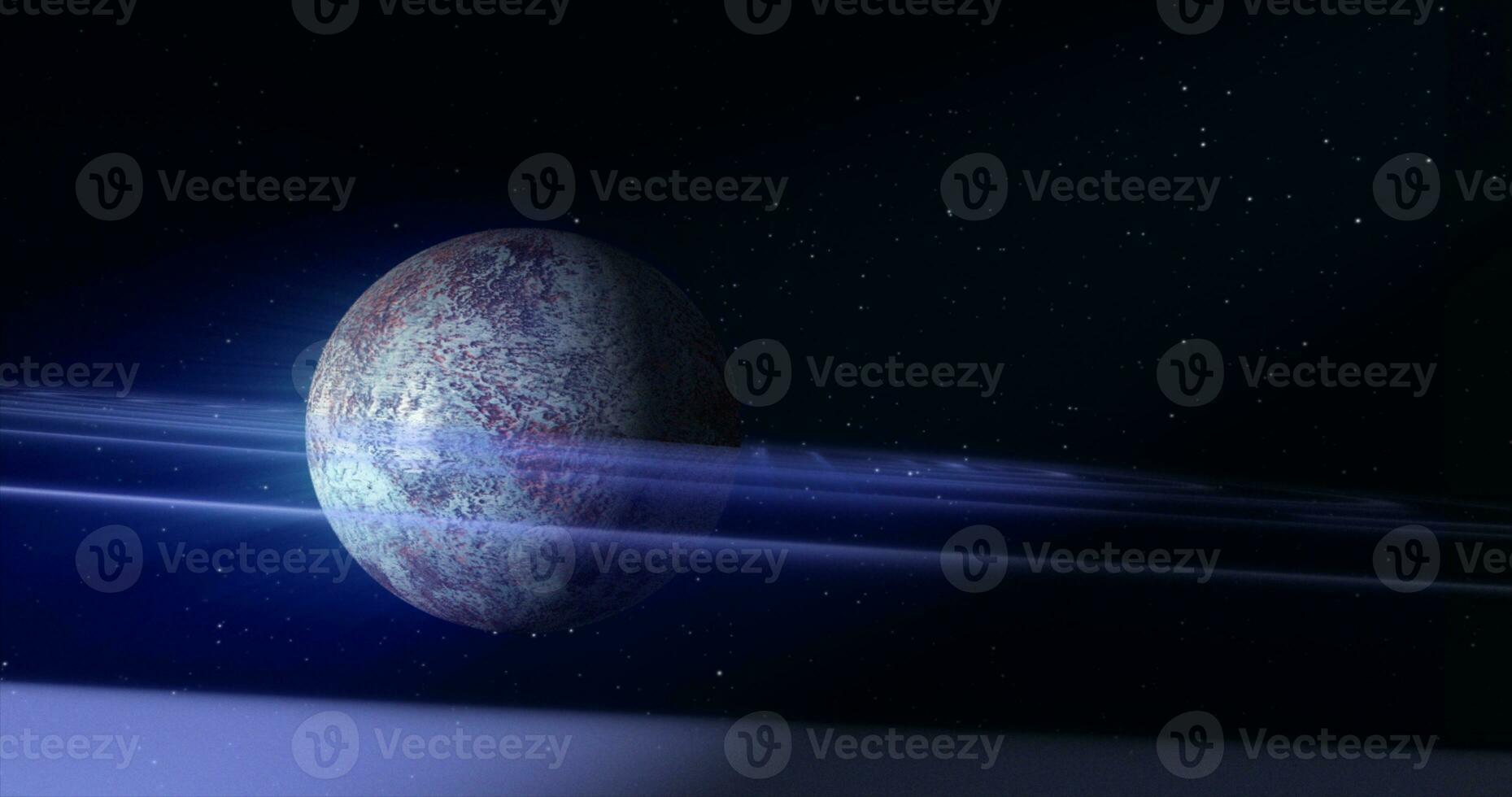 Abstract blue space planet with a round asteroid belt ring  futuristic hi-tech on the background of stars in open space photo