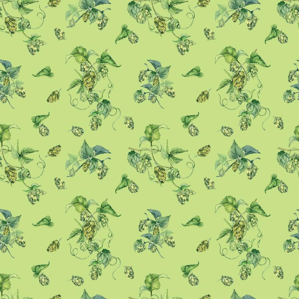 Hop vine, plant humulus watercolor seamless pattern isolated on green background. Hop on brunch with leaves, hop cones hand drawn. Design element for wrapping, label, packaging, paper, textile vector