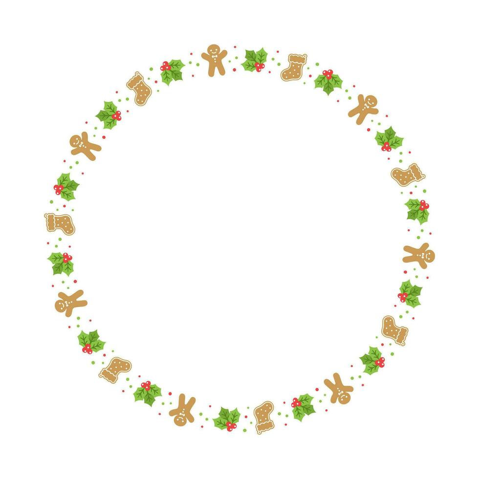 Round Gingerbread Cookies Frame Border, Christmas Winter Holiday Graphics. Homemade sweets pattern, card and social media post template on white background. Isolated vector illustration.