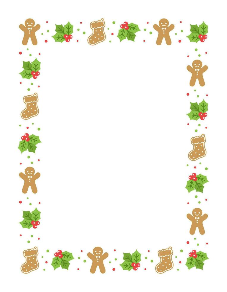 Vertical Rectangle Gingerbread Cookies Frame Border, Christmas Winter Holiday Graphics. Homemade sweets pattern, card and social media post template. Isolated vector illustration.