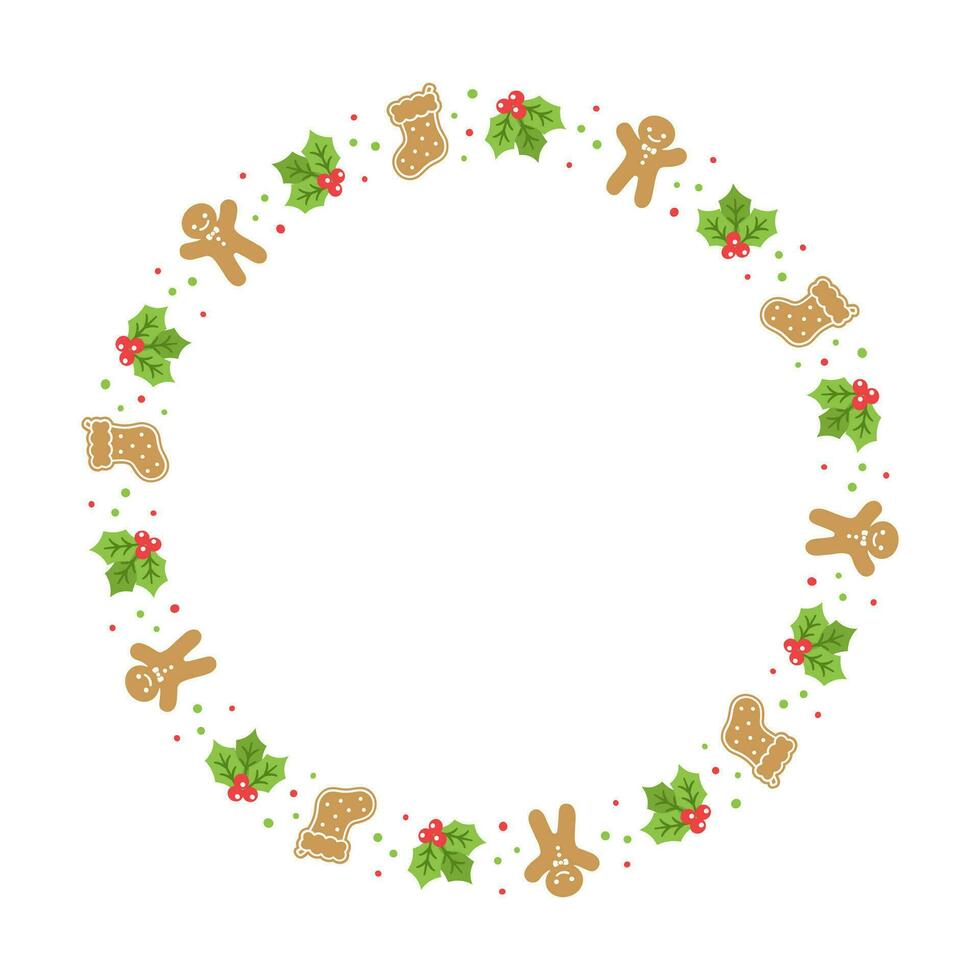 Round Gingerbread Cookies Frame Border, Christmas Winter Holiday Graphics. Homemade sweets pattern, card and social media post template on white background. Isolated vector illustration.