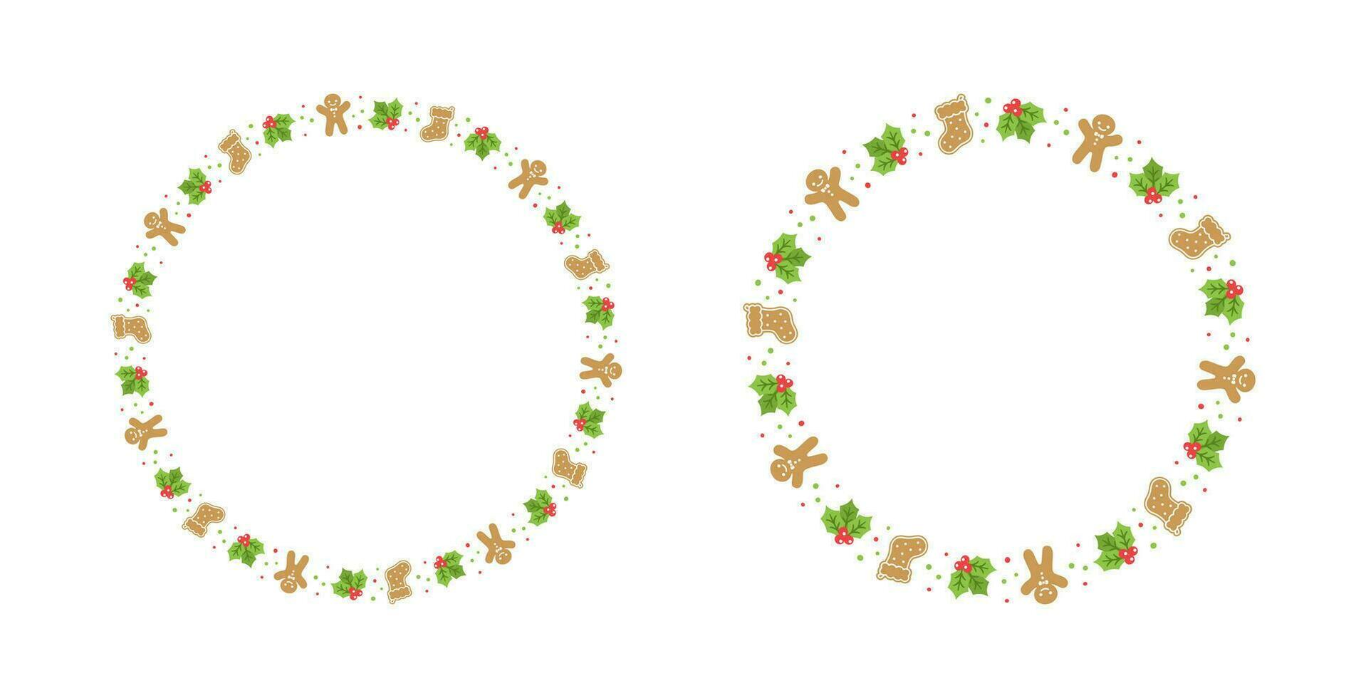 Round Gingerbread Cookies Frame Border Set, Christmas Winter Holiday Graphics. Homemade sweets pattern, card and social media post template on white background. Vector illustration.