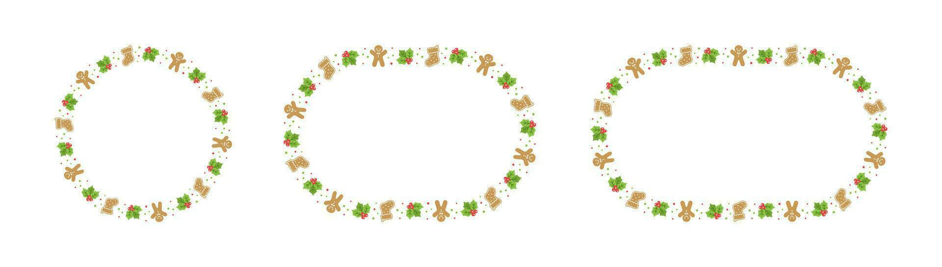 redondo pan de jengibre galletas marco frontera colocar, Navidad invierno fiesta gráficos. hecho en casa dulces patrón, tarjeta y social medios de comunicación enviar modelo en blanco antecedentes. aislado vector ilustración.