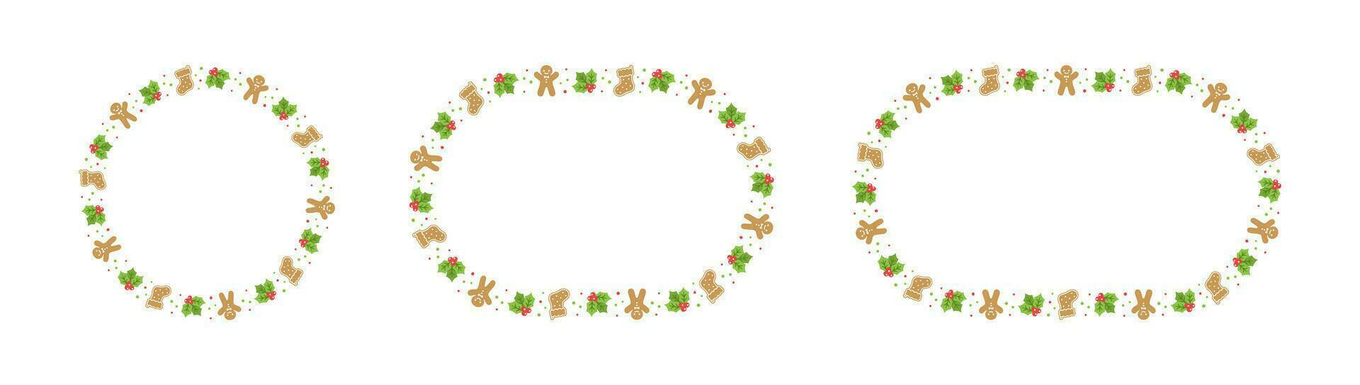 Round Gingerbread Cookies Frame Border Set, Christmas Winter Holiday Graphics. Homemade sweets pattern, card and social media post template on white background. Isolated vector illustration.