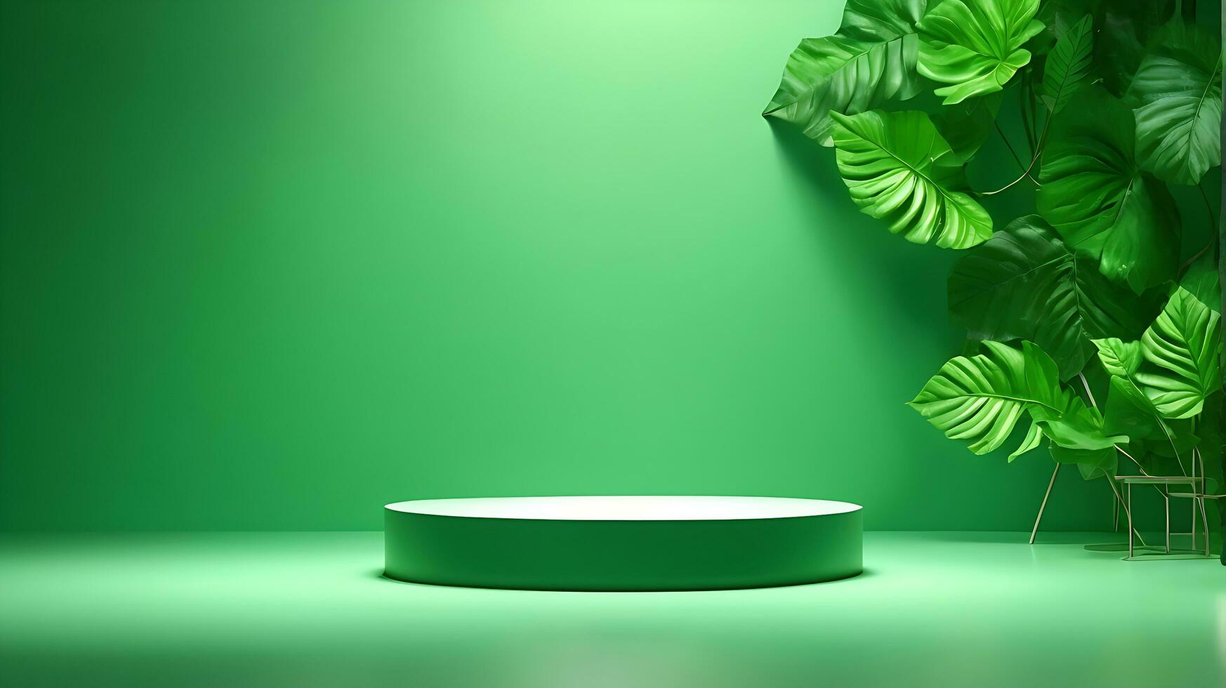 Podium product stand or display with leaf green background and cinematic light photo