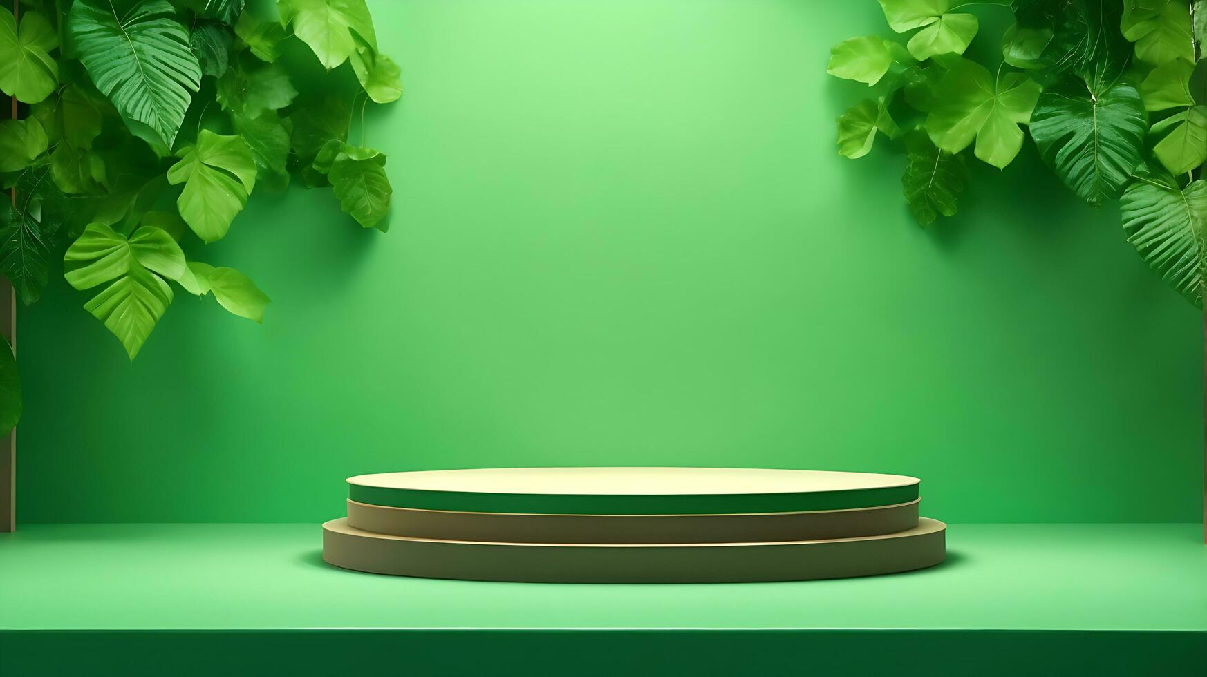 Podium product stand or display with leaf green background and cinematic light photo