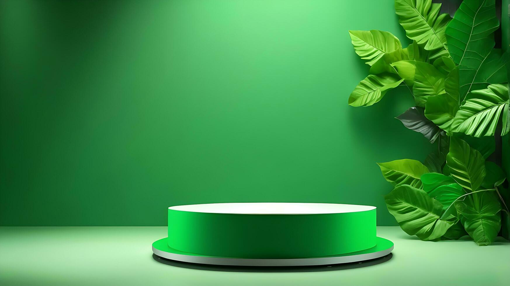 Podium product stand or display with leaf green background and cinematic light photo