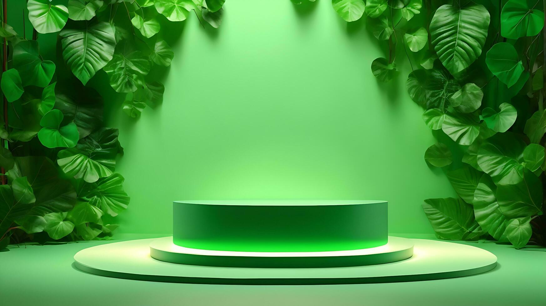 Podium product stand or display with leaf green background and cinematic light photo