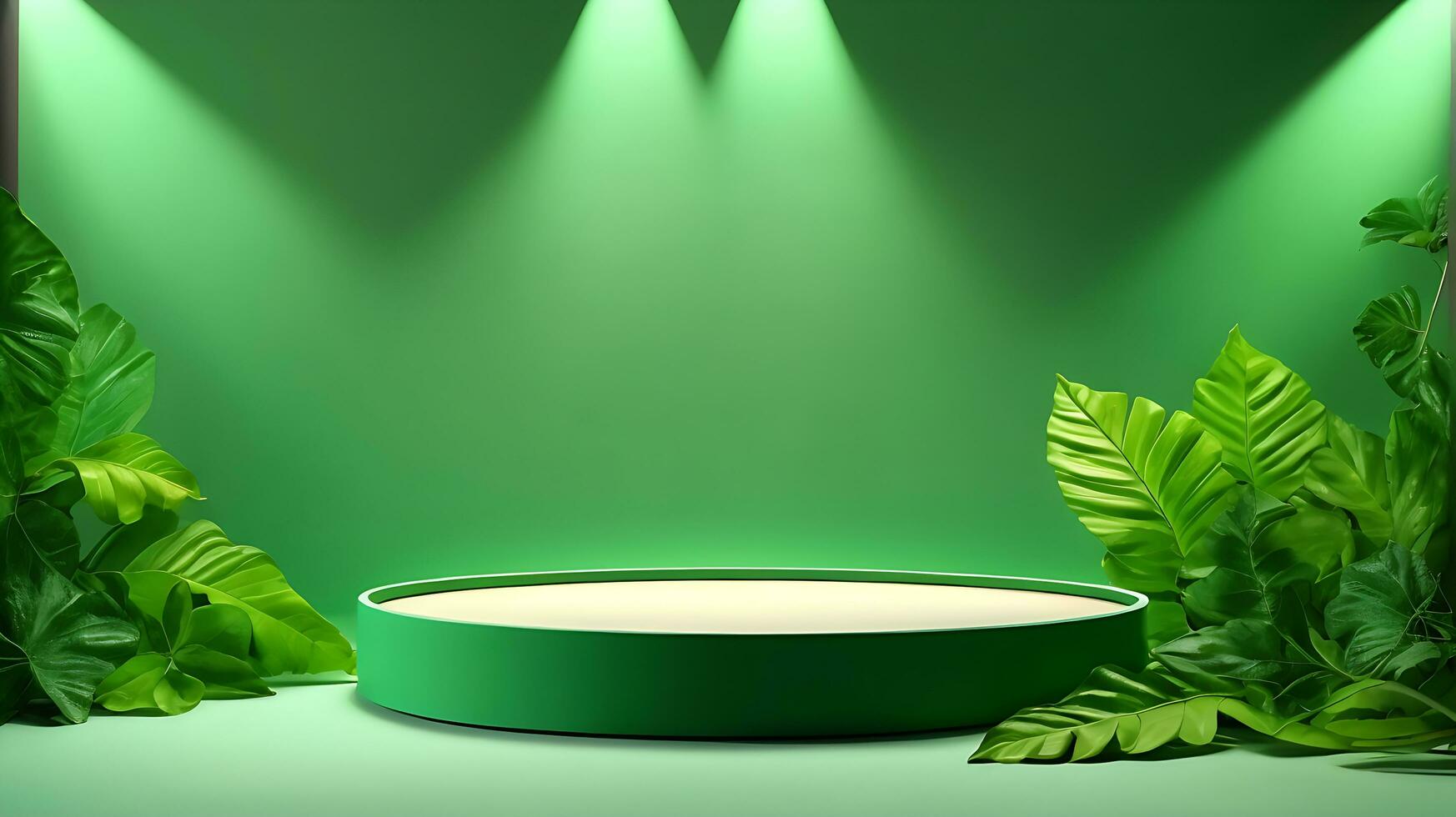 Podium product stand or display with leaf green background and cinematic light photo