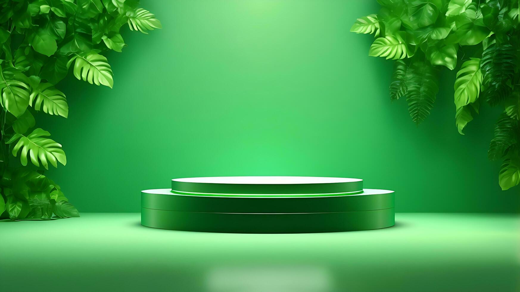 Podium product stand or display with leaf green background and cinematic light photo