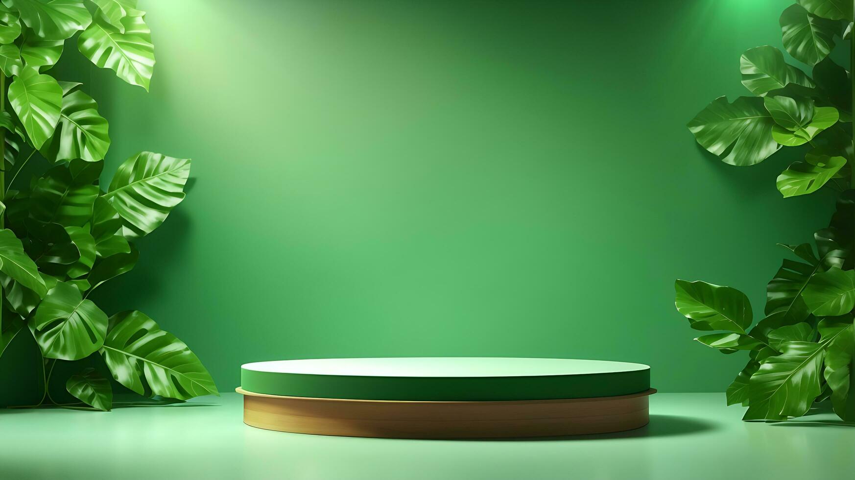 Podium product stand or display with leaf green background and cinematic light photo