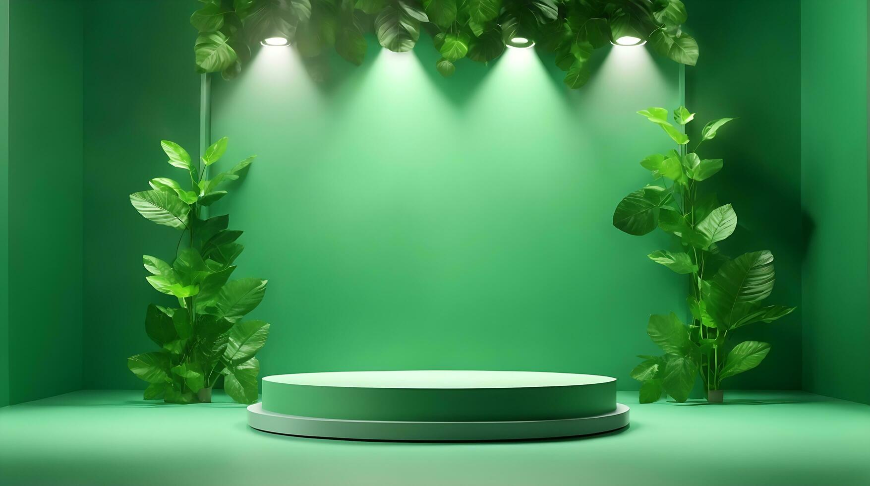 Podium product stand or display with leaf green background and cinematic light photo