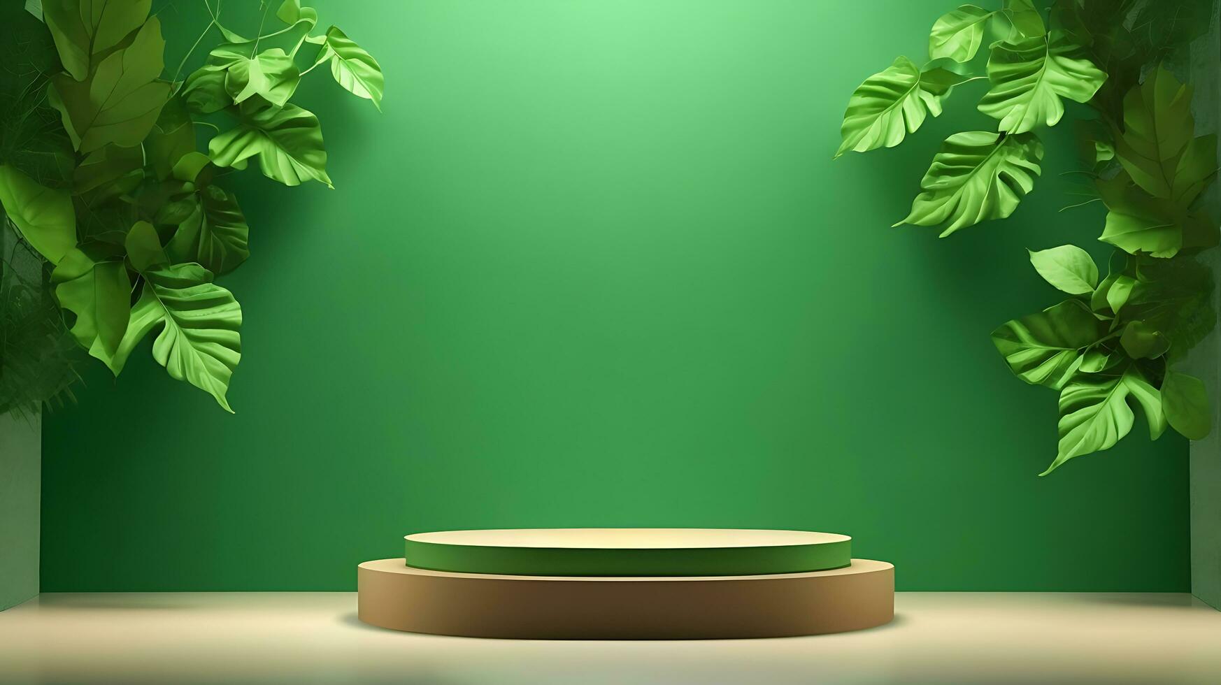 Podium product stand or display with leaf green background and cinematic light photo